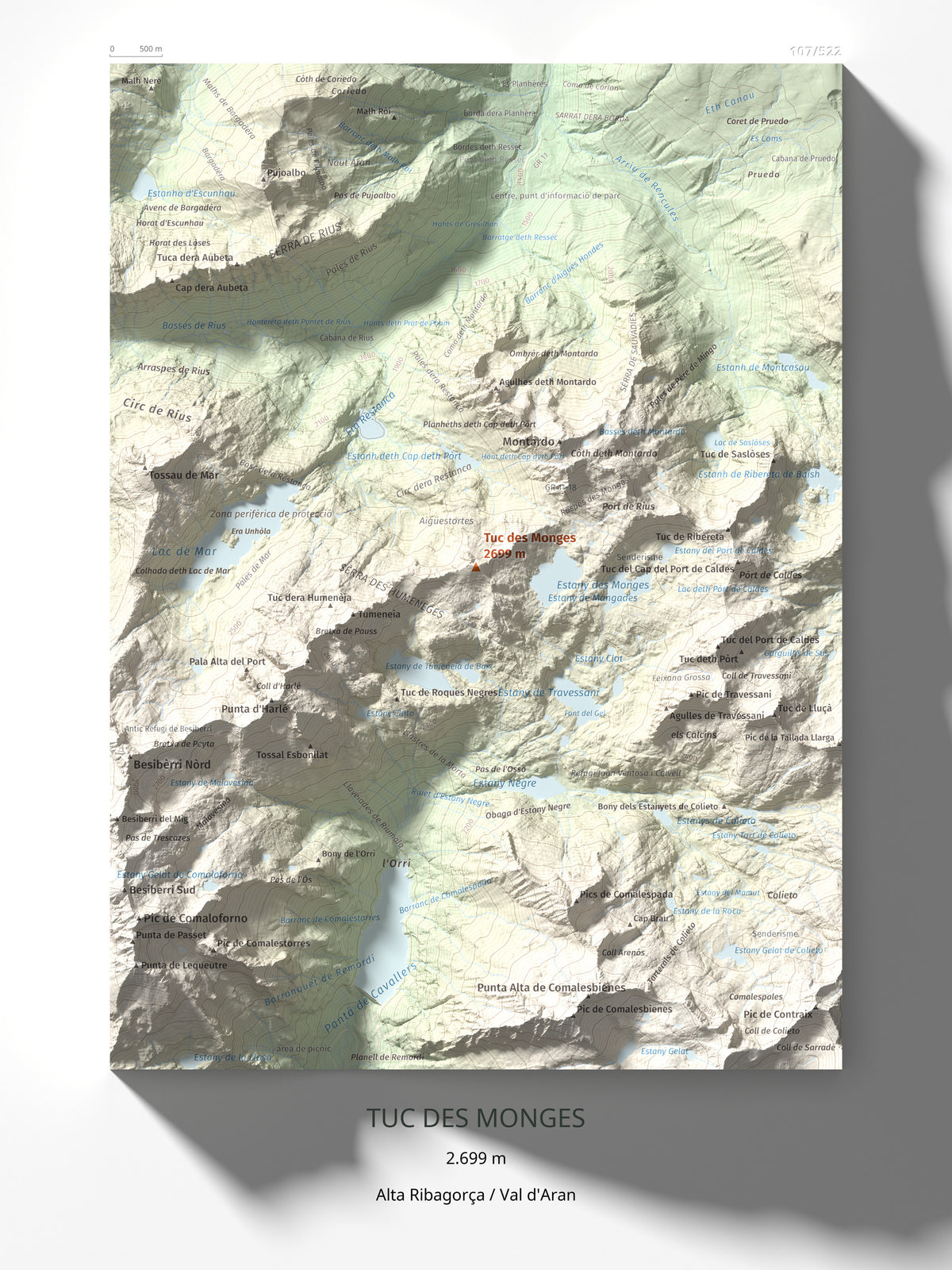 Mapa de relieve de Tuc des Monges, 2699 m, Alta Ribagorça · Val d'Aran, lámina 100 Cims de Trobart 30 × 40 cm.