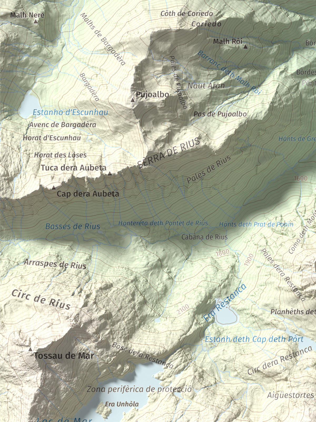 Mapa de relieve de Tuc des Monges, 2699 m, Alta Ribagorça · Val d'Aran, lámina 100 Cims de Trobart. Detalle de la zona superior izquierda. 30 × 40 cm.