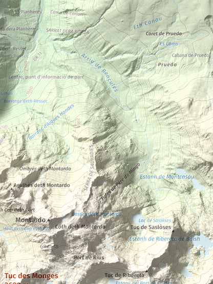 Mapa de relieve de Tuc des Monges, 2699 m, Alta Ribagorça · Val d'Aran, lámina 100 Cims de Trobart. Detalle de la zona superior derecha. 30 × 40 cm.