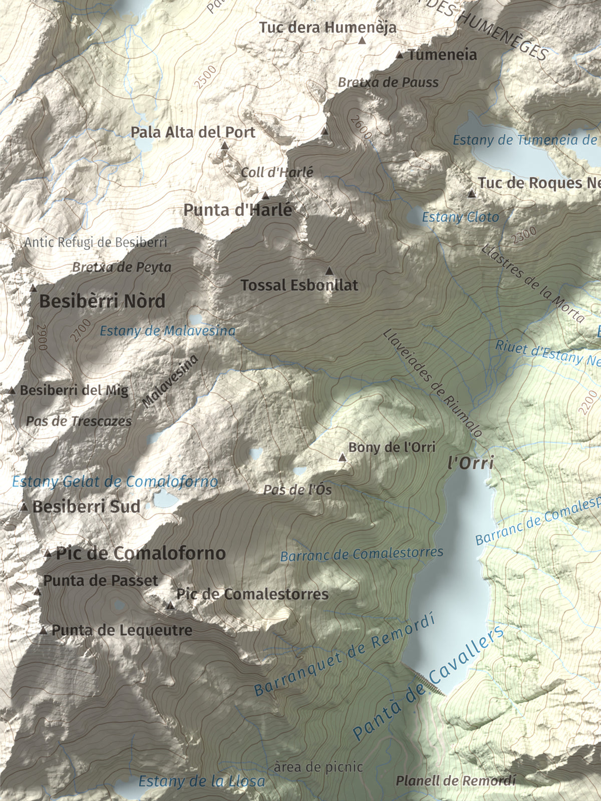 Mapa de relieve de Tuc des Monges, 2699 m, Alta Ribagorça · Val d'Aran, lámina 100 Cims de Trobart. Detalle de la zona inferior izquierda. 30 × 40 cm.