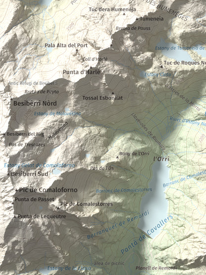 Mapa de relieve de Tuc des Monges, 2699 m, Alta Ribagorça · Val d'Aran, lámina 100 Cims de Trobart. Detalle de la zona inferior izquierda. 30 × 40 cm.
