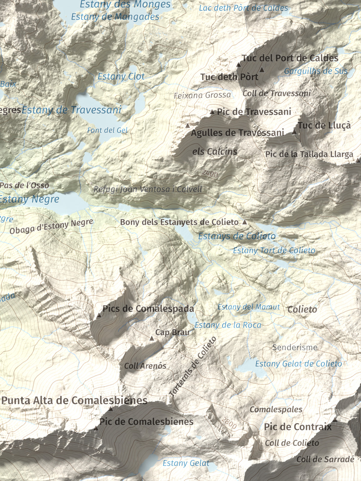Mapa de relieve de Tuc des Monges, 2699 m, Alta Ribagorça · Val d'Aran, lámina 100 Cims de Trobart. Detalle de la zona inferior derecha. 30 × 40 cm.