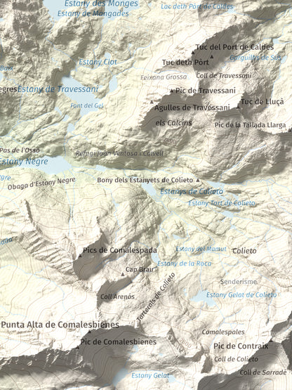 Mapa de relieve de Tuc des Monges, 2699 m, Alta Ribagorça · Val d'Aran, lámina 100 Cims de Trobart. Detalle de la zona inferior derecha. 30 × 40 cm.