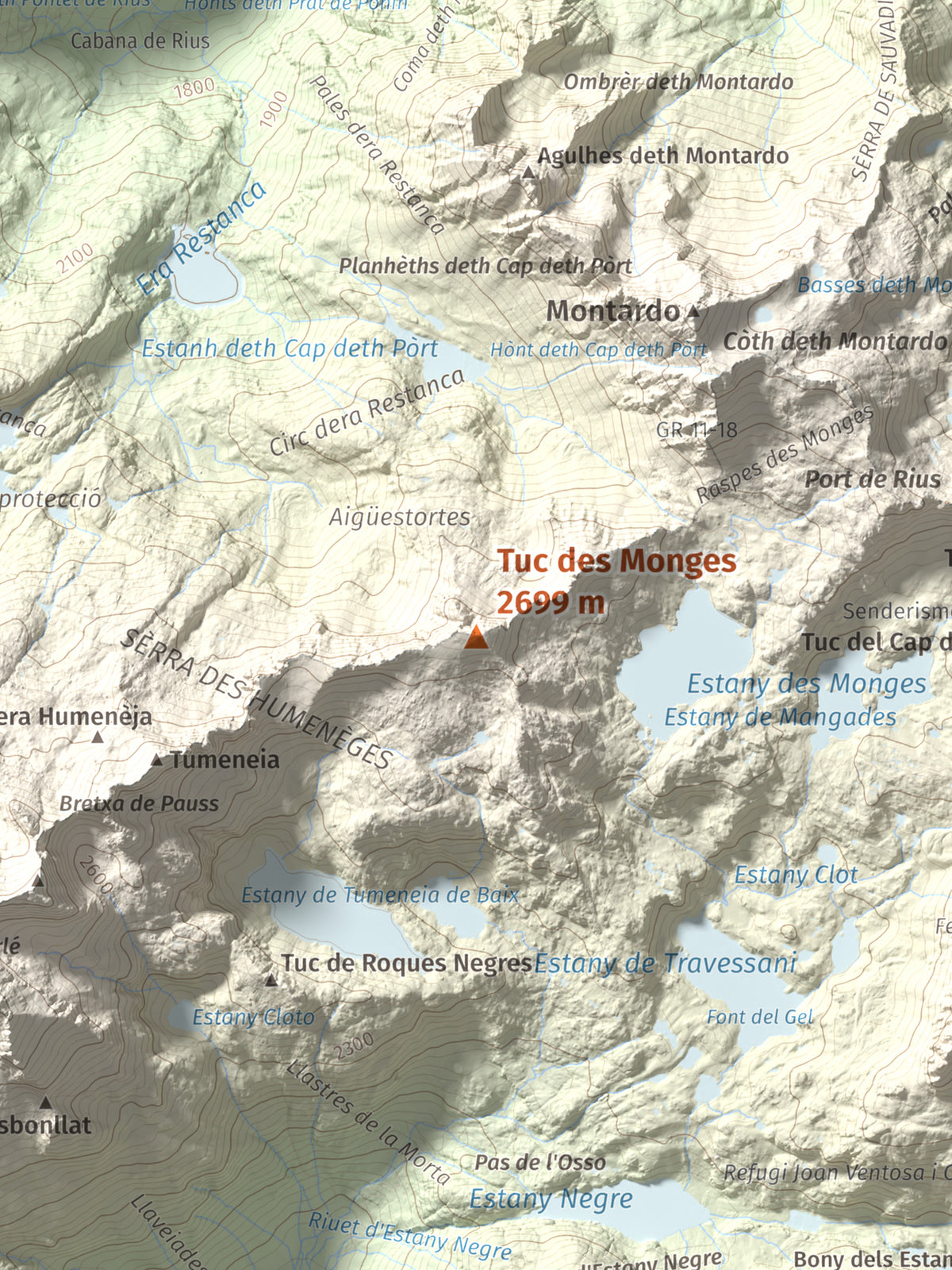 Mapa de relieve de Tuc des Monges, 2699 m, Alta Ribagorça · Val d'Aran, lámina 100 Cims de Trobart. Detalle de la zona central. 30 × 40 cm.