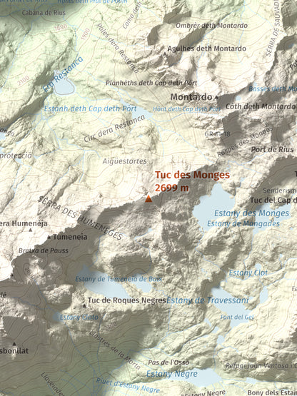 Mapa de relieve de Tuc des Monges, 2699 m, Alta Ribagorça · Val d'Aran, lámina 100 Cims de Trobart. Detalle de la zona central. 30 × 40 cm.
