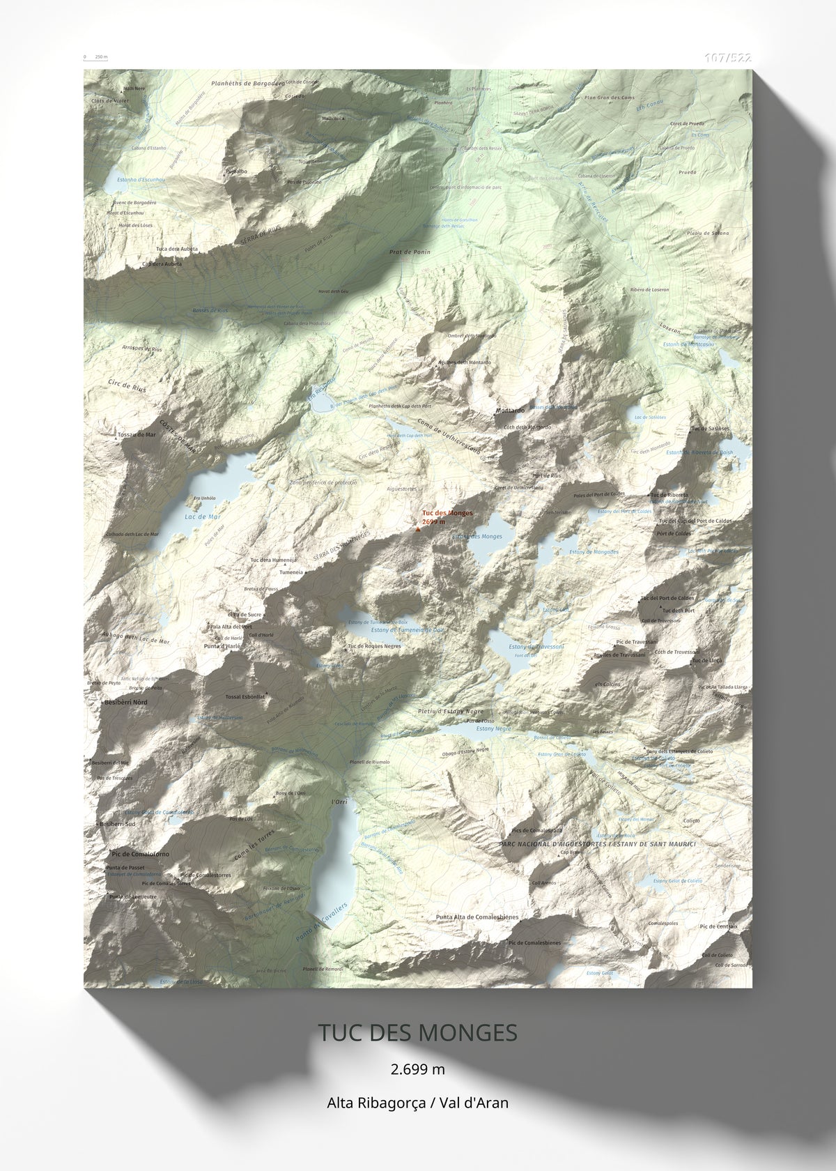 Mapa de relieve de Tuc des Monges, 2699 m, Alta Ribagorça · Val d'Aran, lámina 100 Cims de Trobart 50 × 70 cm.