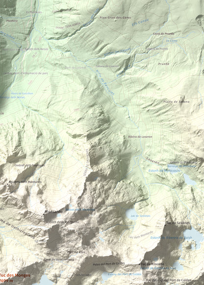 Mapa de relieve de Tuc des Monges, 2699 m, Alta Ribagorça · Val d'Aran, lámina 100 Cims de Trobart. Detalle de la zona superior derecha. 50 × 70 cm.