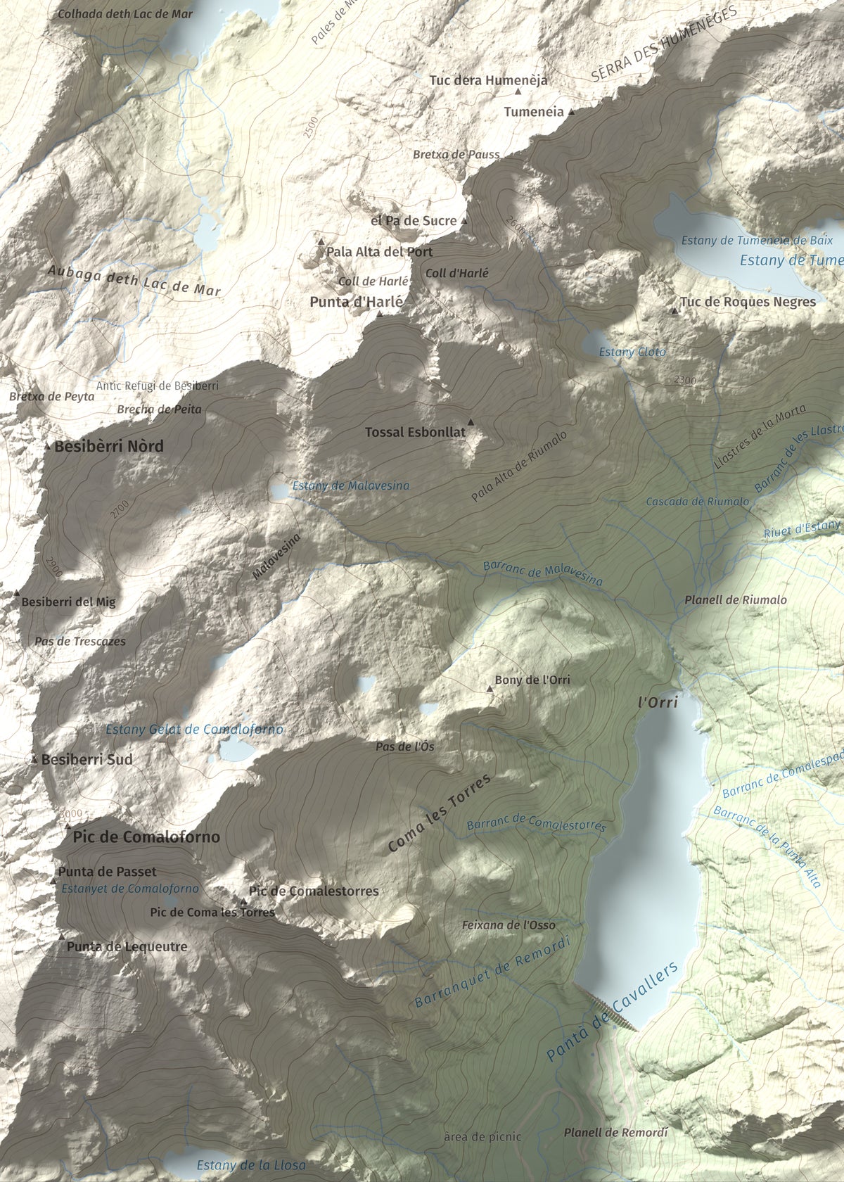 Mapa de relieve de Tuc des Monges, 2699 m, Alta Ribagorça · Val d'Aran, lámina 100 Cims de Trobart. Detalle de la zona inferior izquierda. 50 × 70 cm.