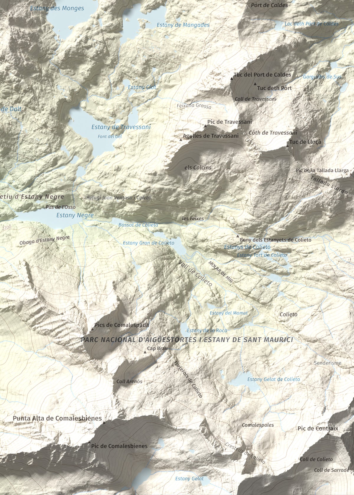 Mapa de relieve de Tuc des Monges, 2699 m, Alta Ribagorça · Val d'Aran, lámina 100 Cims de Trobart. Detalle de la zona inferior derecha. 50 × 70 cm.