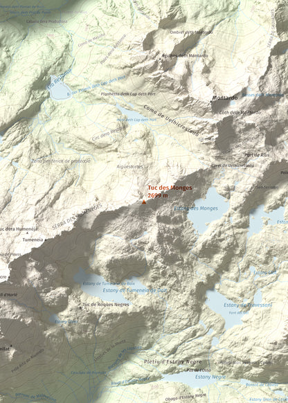 Mapa de relieve de Tuc des Monges, 2699 m, Alta Ribagorça · Val d'Aran, lámina 100 Cims de Trobart. Detalle de la zona central. 50 × 70 cm.