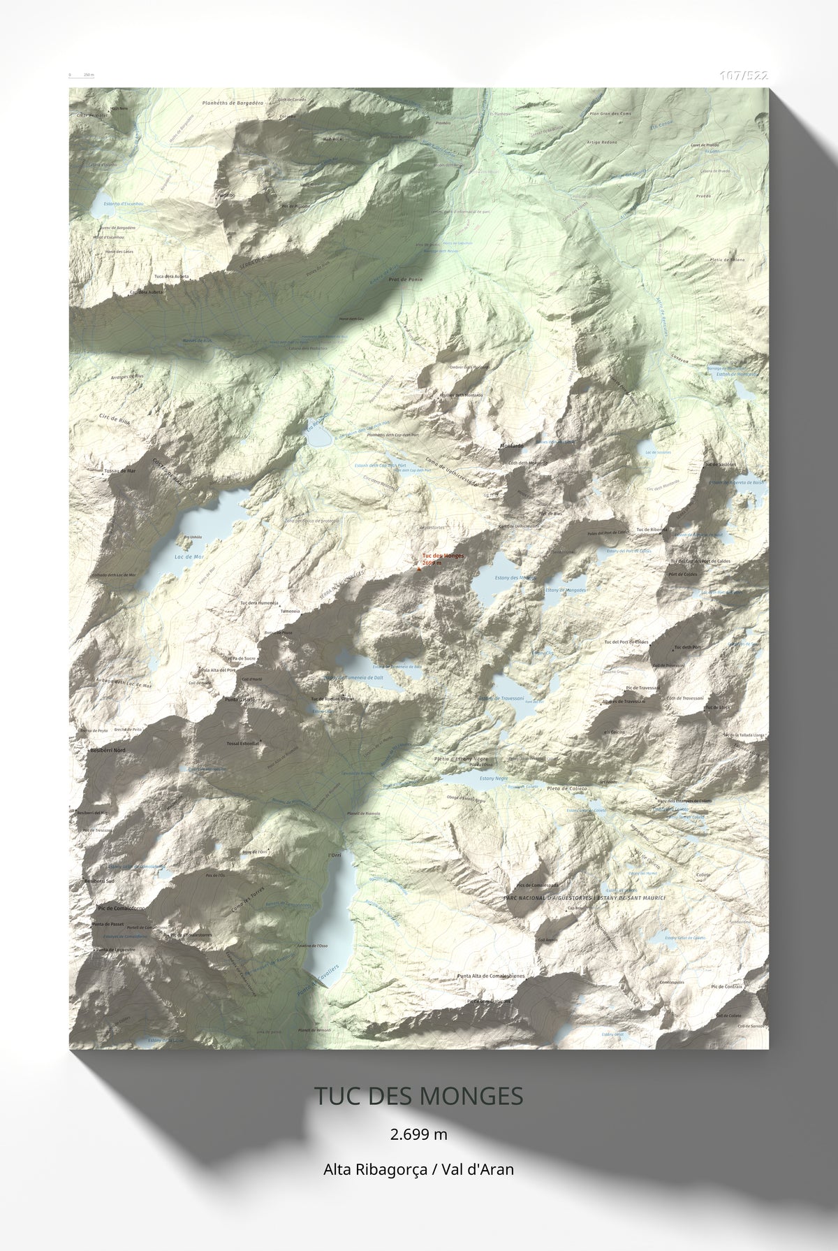 Mapa de relieve de Tuc des Monges, 2699 m, Alta Ribagorça · Val d'Aran, lámina 100 Cims de Trobart 61 × 91 cm.