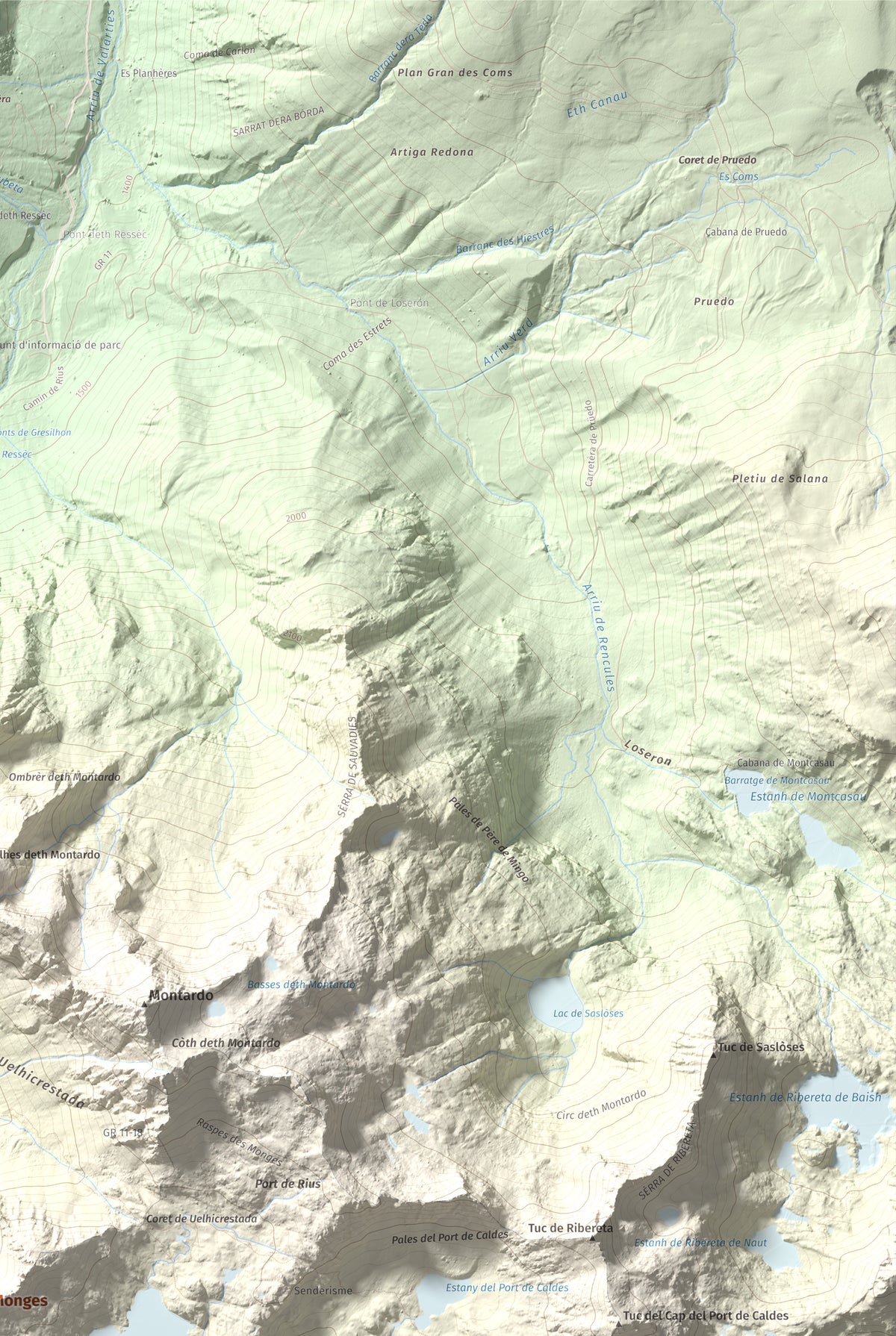 Mapa de relieve de Tuc des Monges, 2699 m, Alta Ribagorça · Val d'Aran, lámina 100 Cims de Trobart. Detalle de la zona superior derecha. 61 × 91 cm.