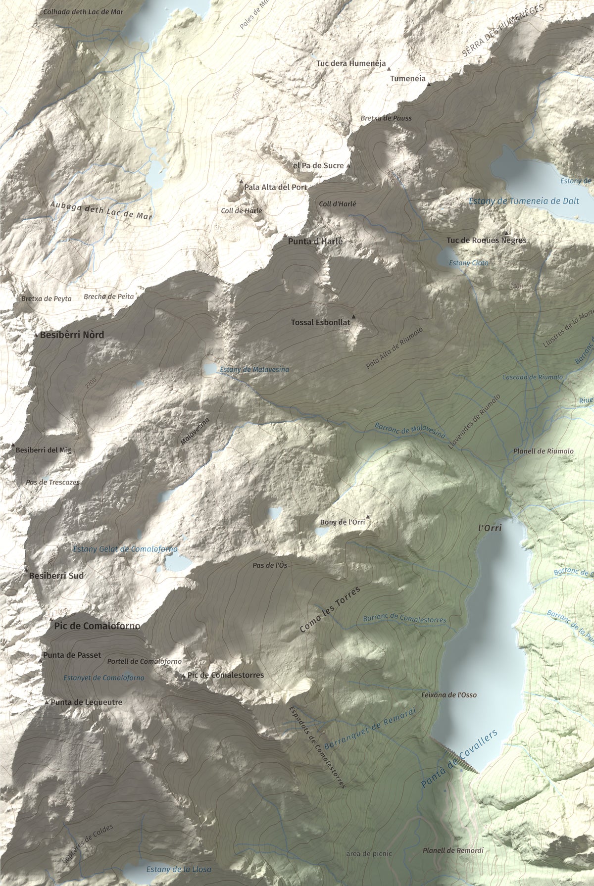 Mapa de relieve de Tuc des Monges, 2699 m, Alta Ribagorça · Val d'Aran, lámina 100 Cims de Trobart. Detalle de la zona inferior izquierda. 61 × 91 cm.