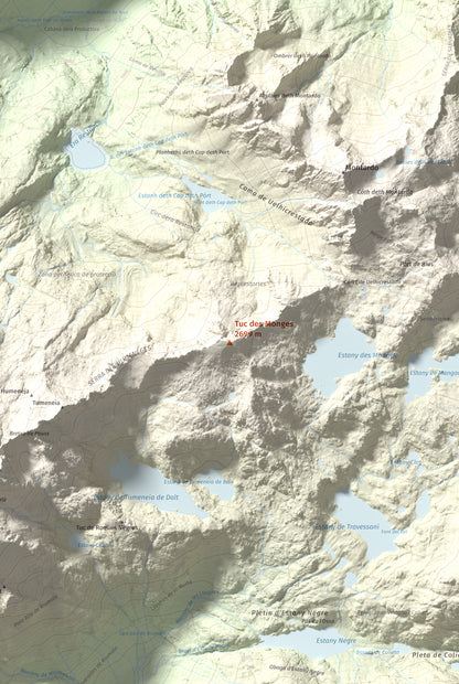 Mapa de relieve de Tuc des Monges, 2699 m, Alta Ribagorça · Val d'Aran, lámina 100 Cims de Trobart. Detalle de la zona central. 61 × 91 cm.