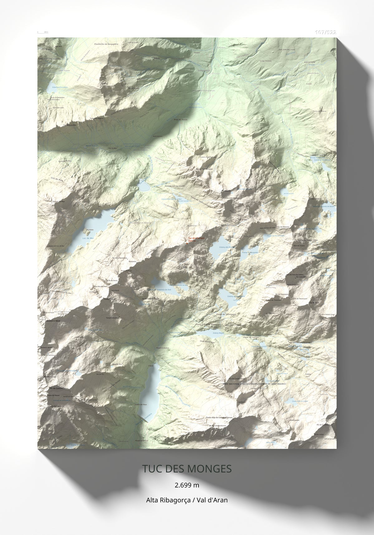 Mapa de relieve de Tuc des Monges, 2699 m, Alta Ribagorça · Val d'Aran, lámina 100 Cims de Trobart 70 × 100 cm.