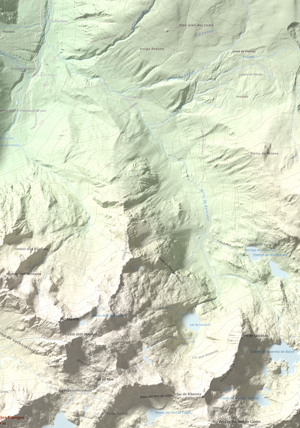 Mapa de relieve de Tuc des Monges, 2699 m, Alta Ribagorça · Val d'Aran, lámina 100 Cims de Trobart. Detalle de la zona superior derecha. 70 × 100 cm.