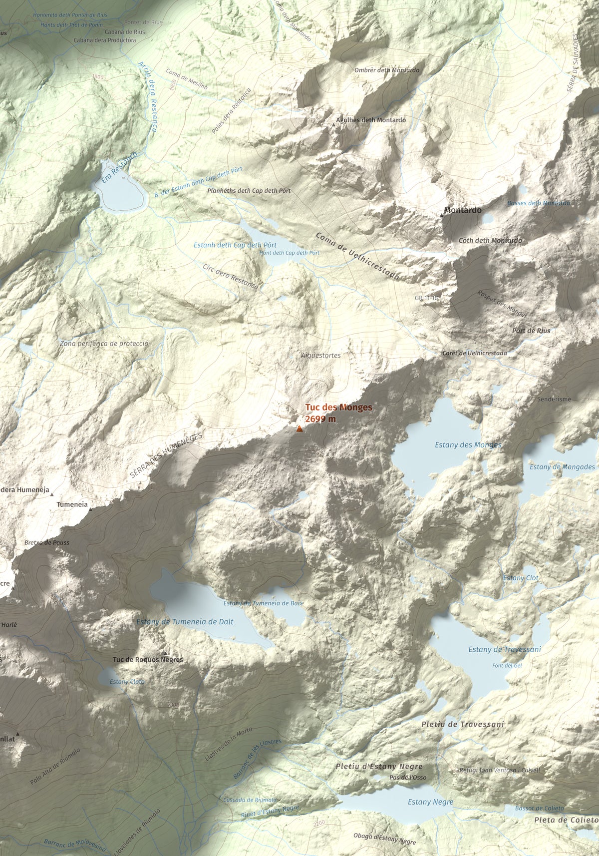 Mapa de relieve de Tuc des Monges, 2699 m, Alta Ribagorça · Val d'Aran, lámina 100 Cims de Trobart. Detalle de la zona central. 70 × 100 cm.