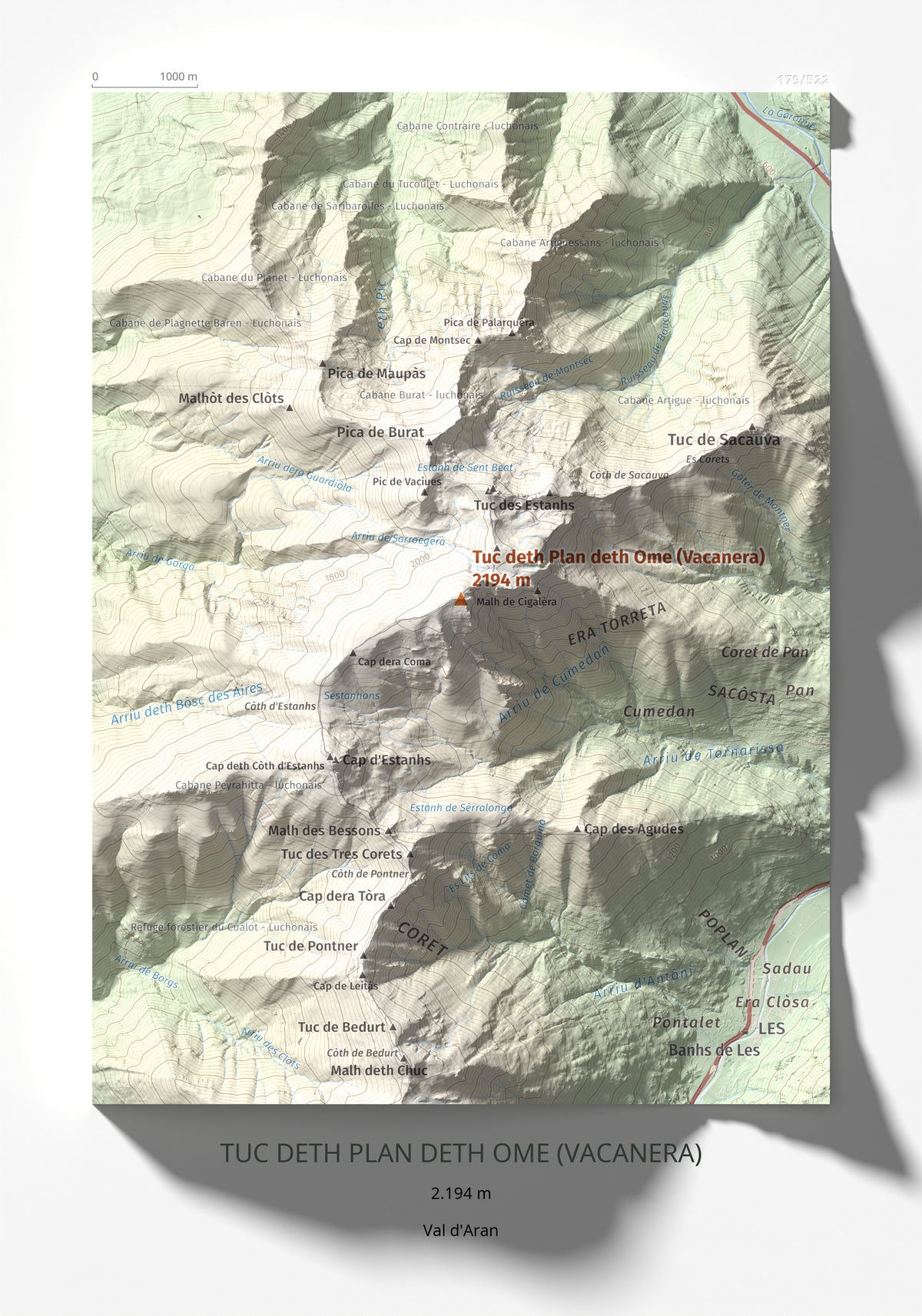 Mapa de relieve de Tuc deth Plan deth Ome (Vacanera), 2194 m, Val d'Aran, lámina 100 Cims de Trobart 21 × 30 cm.