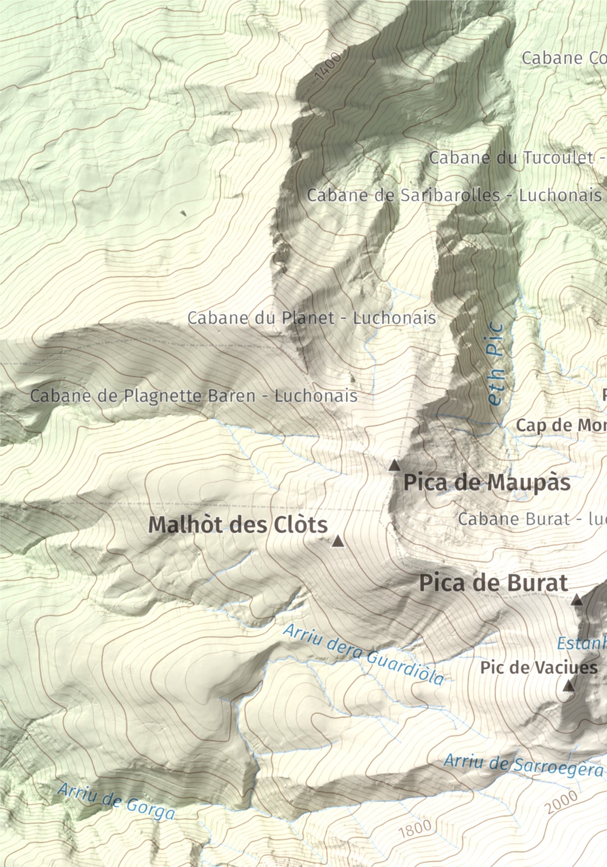 Mapa de relieve de Tuc deth Plan deth Ome (Vacanera), 2194 m, Val d'Aran, lámina 100 Cims de Trobart. Detalle de la zona superior izquierda. 21 × 30 cm.