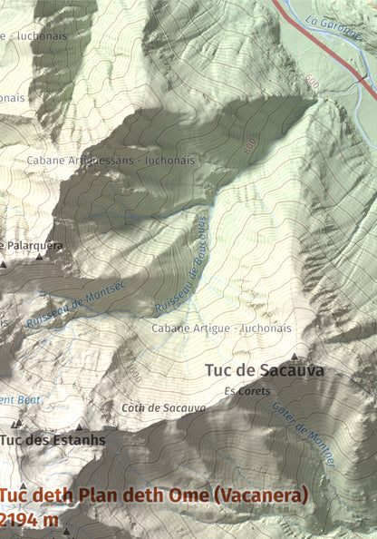 Mapa de relieve de Tuc deth Plan deth Ome (Vacanera), 2194 m, Val d'Aran, lámina 100 Cims de Trobart. Detalle de la zona superior derecha. 21 × 30 cm.