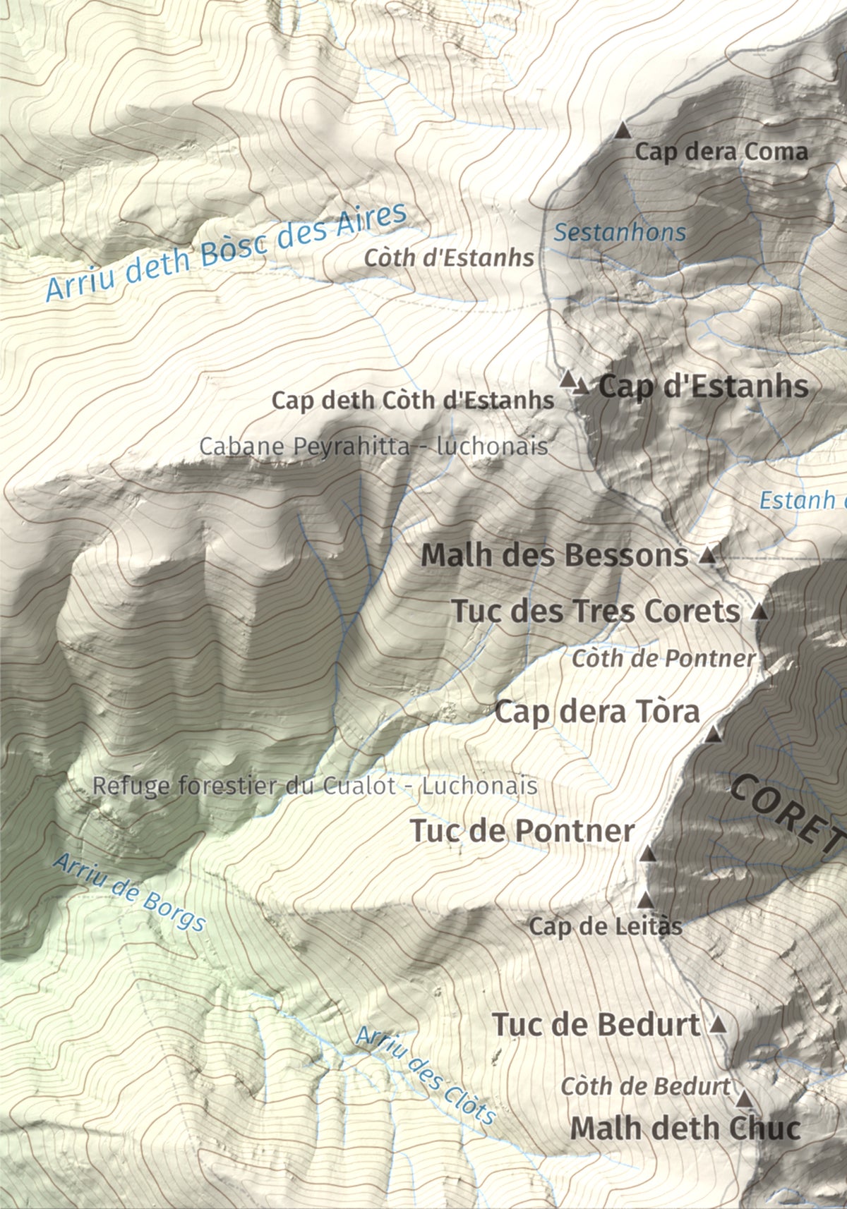 Mapa de relieve de Tuc deth Plan deth Ome (Vacanera), 2194 m, Val d'Aran, lámina 100 Cims de Trobart. Detalle de la zona inferior izquierda. 21 × 30 cm.