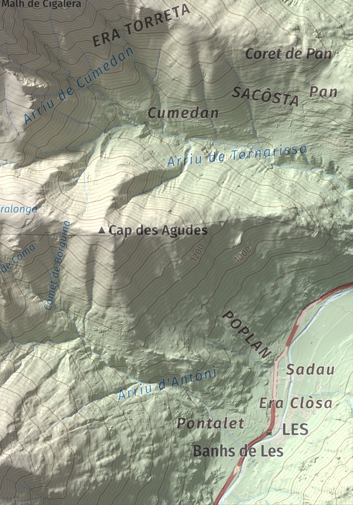 Mapa de relieve de Tuc deth Plan deth Ome (Vacanera), 2194 m, Val d'Aran, lámina 100 Cims de Trobart. Detalle de la zona inferior derecha. 21 × 30 cm.