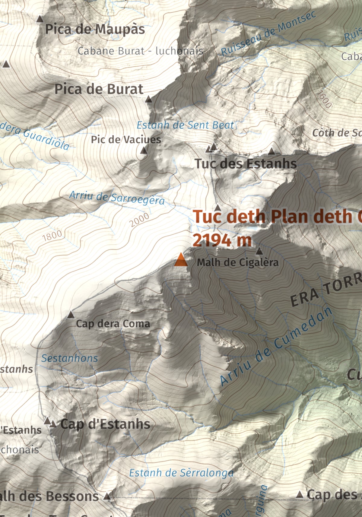 Mapa de relieve de Tuc deth Plan deth Ome (Vacanera), 2194 m, Val d'Aran, lámina 100 Cims de Trobart. Detalle de la zona central. 21 × 30 cm.