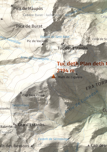 Mapa de relieve de Tuc deth Plan deth Ome (Vacanera), 2194 m, Val d'Aran, lámina 100 Cims de Trobart. Detalle de la zona central. 21 × 30 cm.
