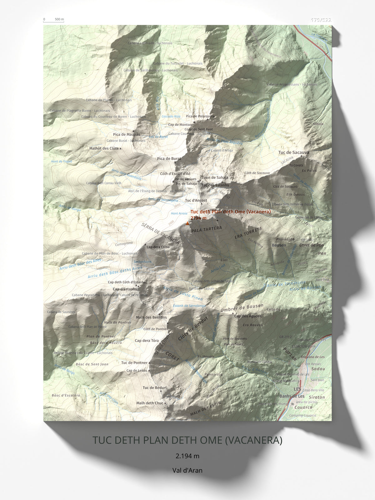 Mapa de relieve de Tuc deth Plan deth Ome (Vacanera), 2194 m, Val d'Aran, lámina 100 Cims de Trobart 30 × 40 cm.