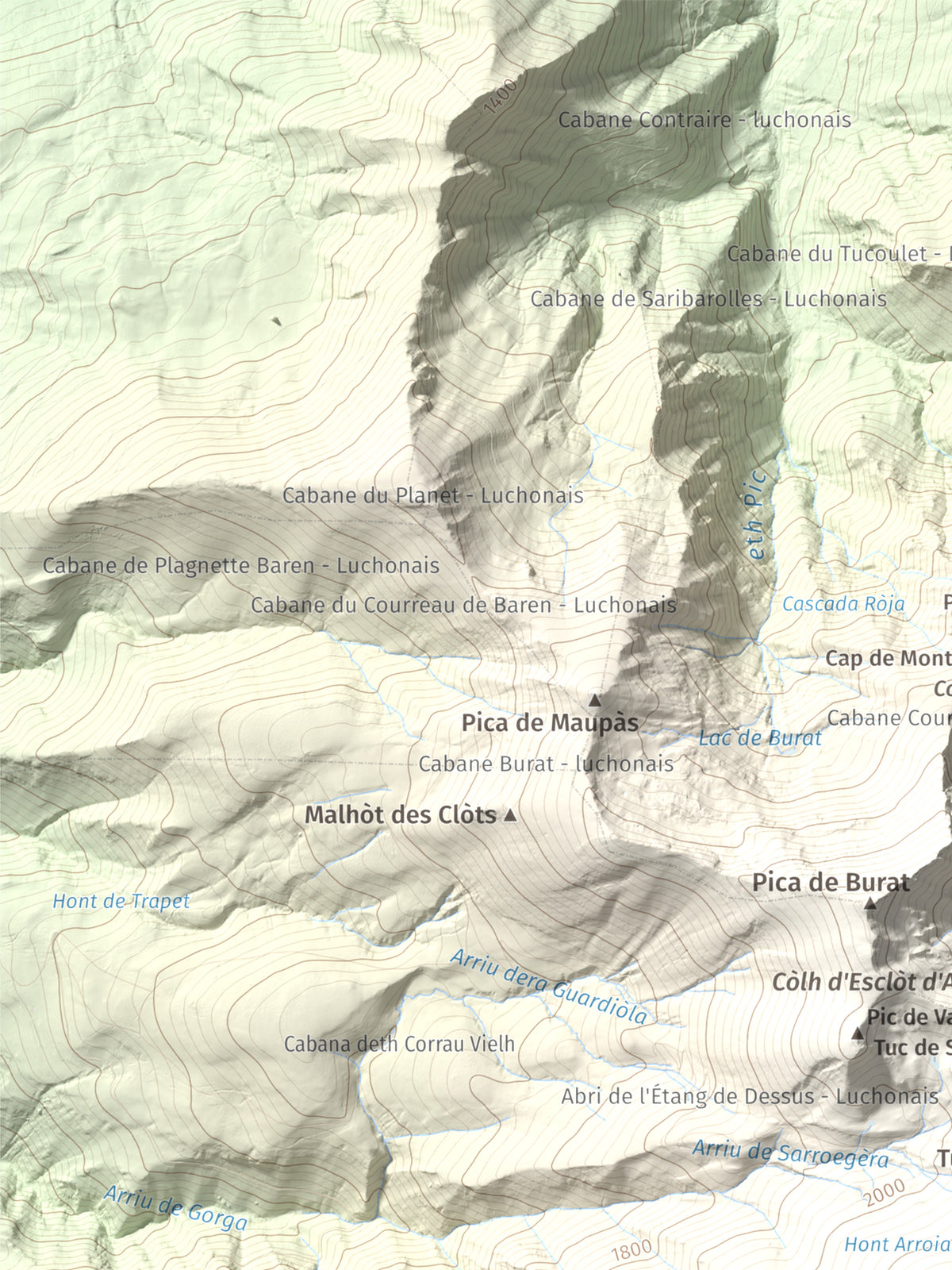 Mapa de relieve de Tuc deth Plan deth Ome (Vacanera), 2194 m, Val d'Aran, lámina 100 Cims de Trobart. Detalle de la zona superior izquierda. 30 × 40 cm.