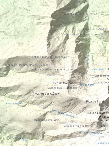 Mapa de relieve de Tuc deth Plan deth Ome (Vacanera), 2194 m, Val d'Aran, lámina 100 Cims de Trobart. Detalle de la zona superior izquierda. 30 × 40 cm.