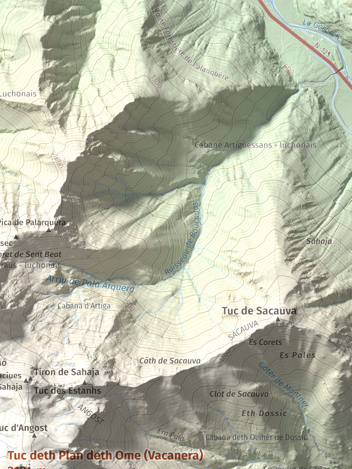 Mapa de relieve de Tuc deth Plan deth Ome (Vacanera), 2194 m, Val d'Aran, lámina 100 Cims de Trobart. Detalle de la zona superior derecha. 30 × 40 cm.