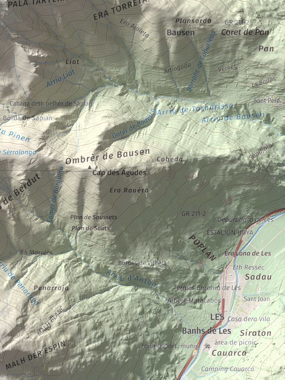 Mapa de relieve de Tuc deth Plan deth Ome (Vacanera), 2194 m, Val d'Aran, lámina 100 Cims de Trobart. Detalle de la zona inferior derecha. 30 × 40 cm.