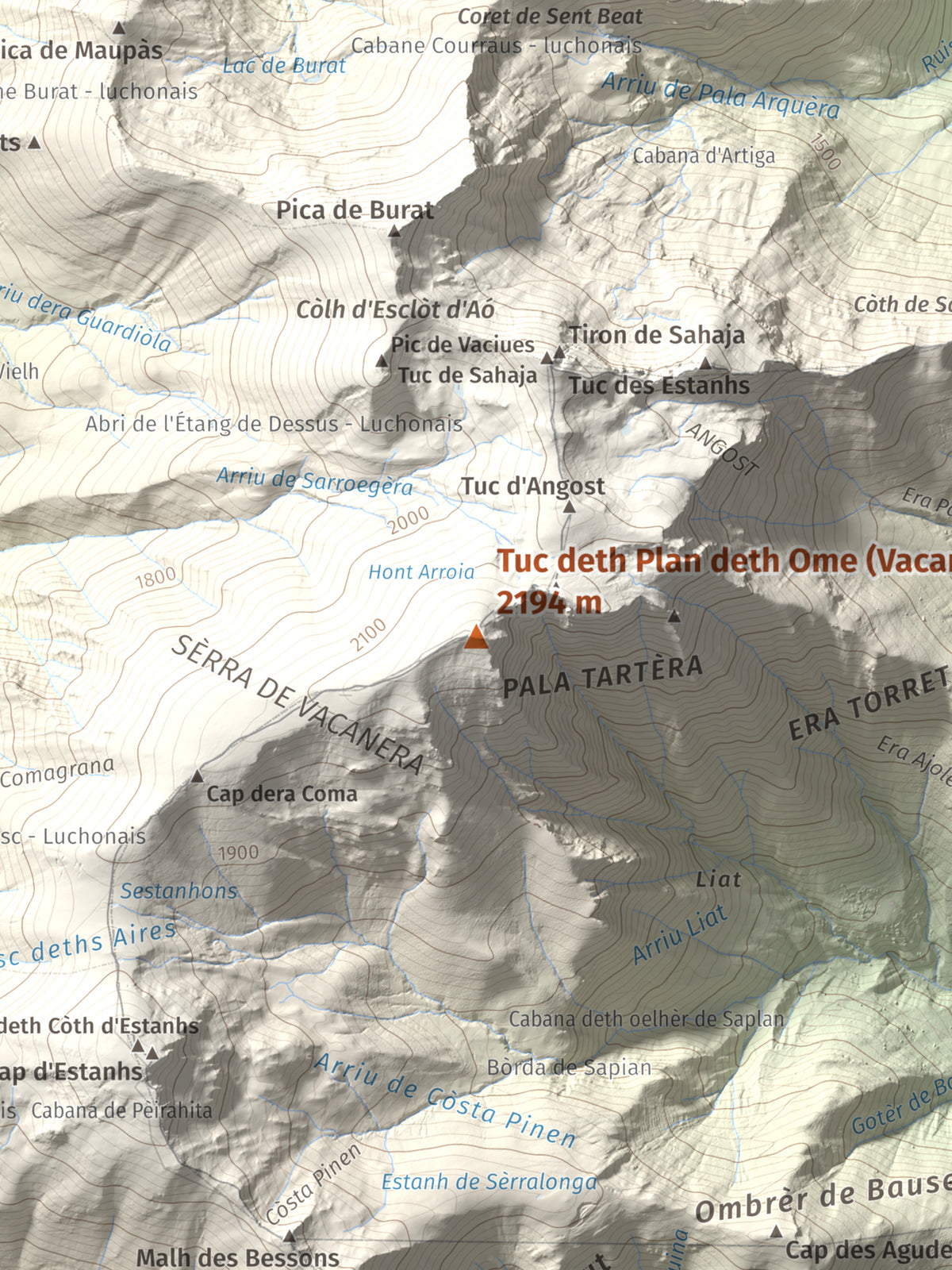 Mapa de relieve de Tuc deth Plan deth Ome (Vacanera), 2194 m, Val d'Aran, lámina 100 Cims de Trobart. Detalle de la zona central. 30 × 40 cm.