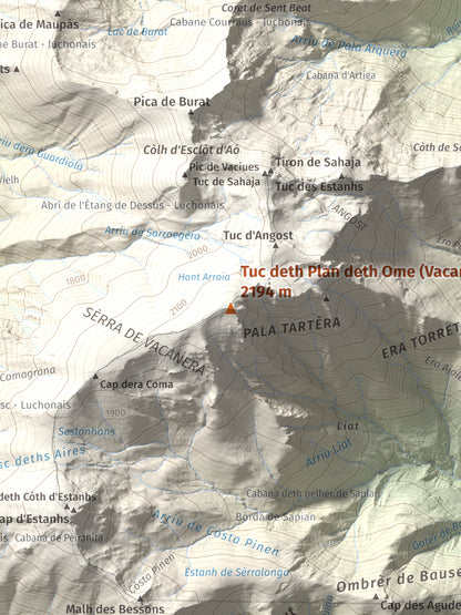 Mapa de relieve de Tuc deth Plan deth Ome (Vacanera), 2194 m, Val d'Aran, lámina 100 Cims de Trobart. Detalle de la zona central. 30 × 40 cm.