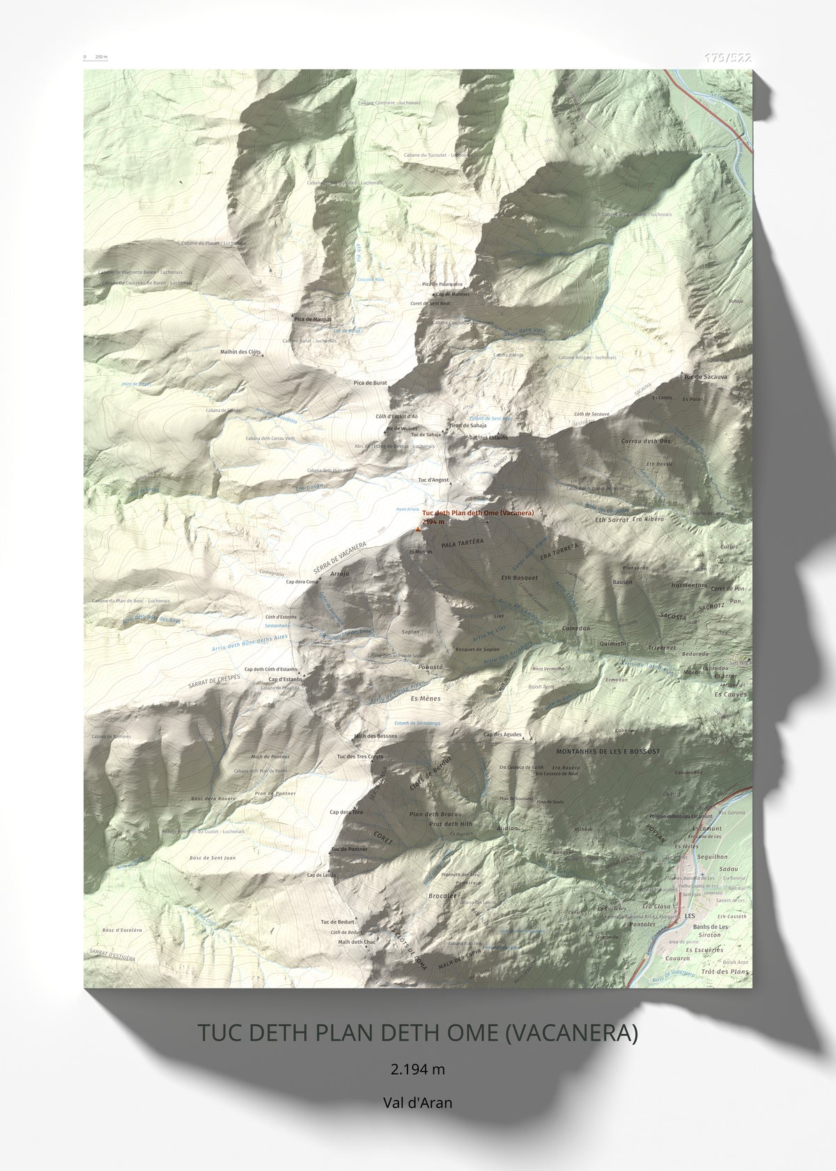Mapa de relieve de Tuc deth Plan deth Ome (Vacanera), 2194 m, Val d'Aran, lámina 100 Cims de Trobart 50 × 70 cm.