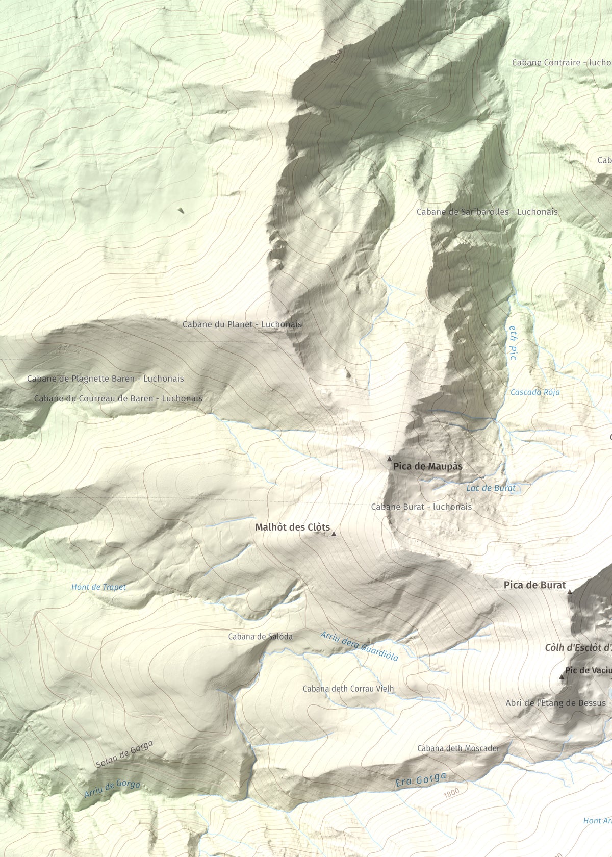 Mapa de relieve de Tuc deth Plan deth Ome (Vacanera), 2194 m, Val d'Aran, lámina 100 Cims de Trobart. Detalle de la zona superior izquierda. 50 × 70 cm.
