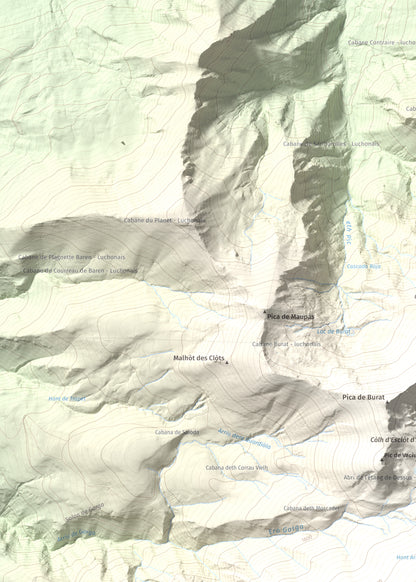 Mapa de relieve de Tuc deth Plan deth Ome (Vacanera), 2194 m, Val d'Aran, lámina 100 Cims de Trobart. Detalle de la zona superior izquierda. 50 × 70 cm.