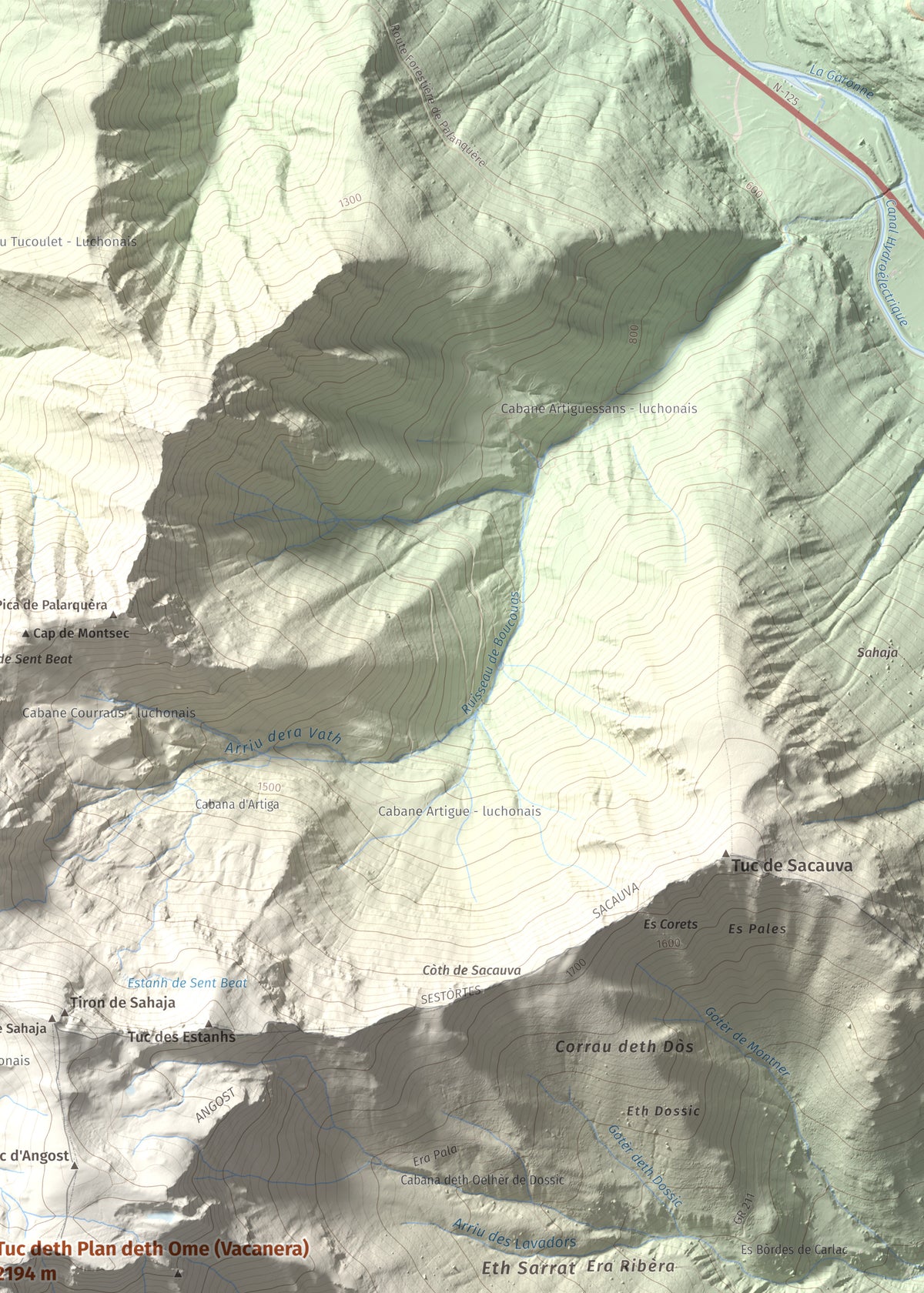 Mapa de relieve de Tuc deth Plan deth Ome (Vacanera), 2194 m, Val d'Aran, lámina 100 Cims de Trobart. Detalle de la zona superior derecha. 50 × 70 cm.