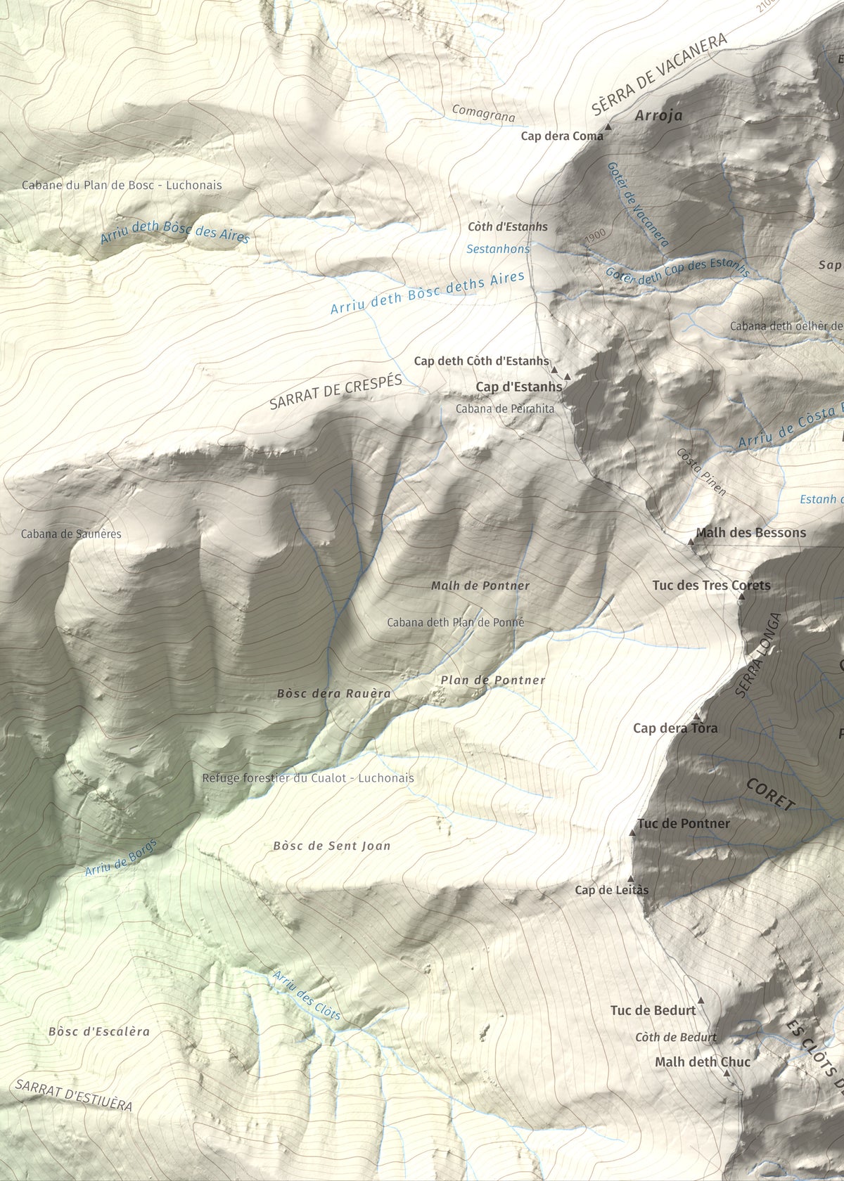 Mapa de relieve de Tuc deth Plan deth Ome (Vacanera), 2194 m, Val d'Aran, lámina 100 Cims de Trobart. Detalle de la zona inferior izquierda. 50 × 70 cm.