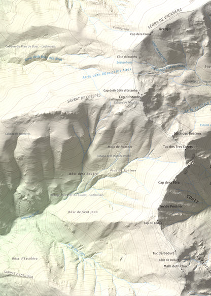 Mapa de relieve de Tuc deth Plan deth Ome (Vacanera), 2194 m, Val d'Aran, lámina 100 Cims de Trobart. Detalle de la zona inferior izquierda. 50 × 70 cm.