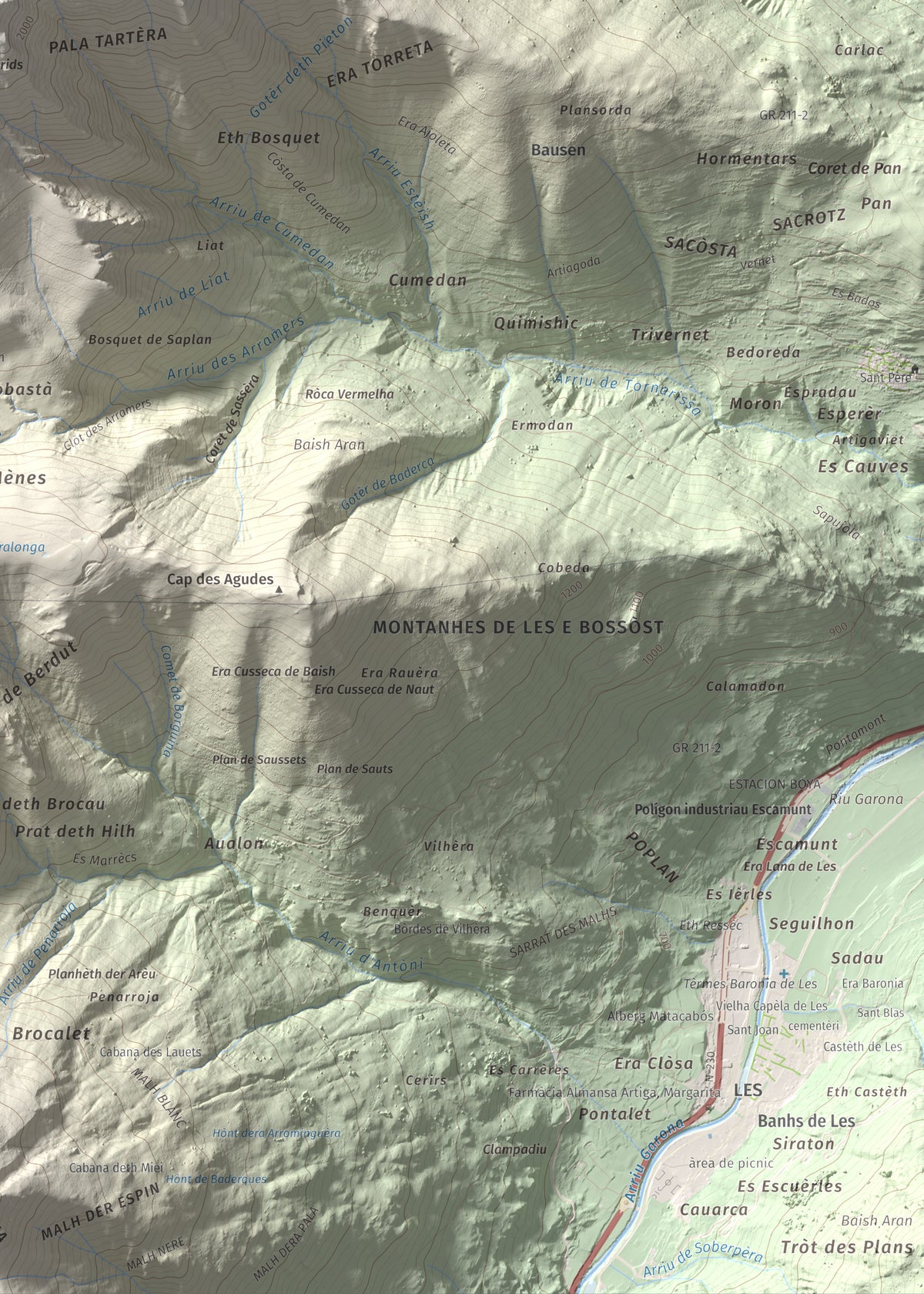 Mapa de relieve de Tuc deth Plan deth Ome (Vacanera), 2194 m, Val d'Aran, lámina 100 Cims de Trobart. Detalle de la zona inferior derecha. 50 × 70 cm.