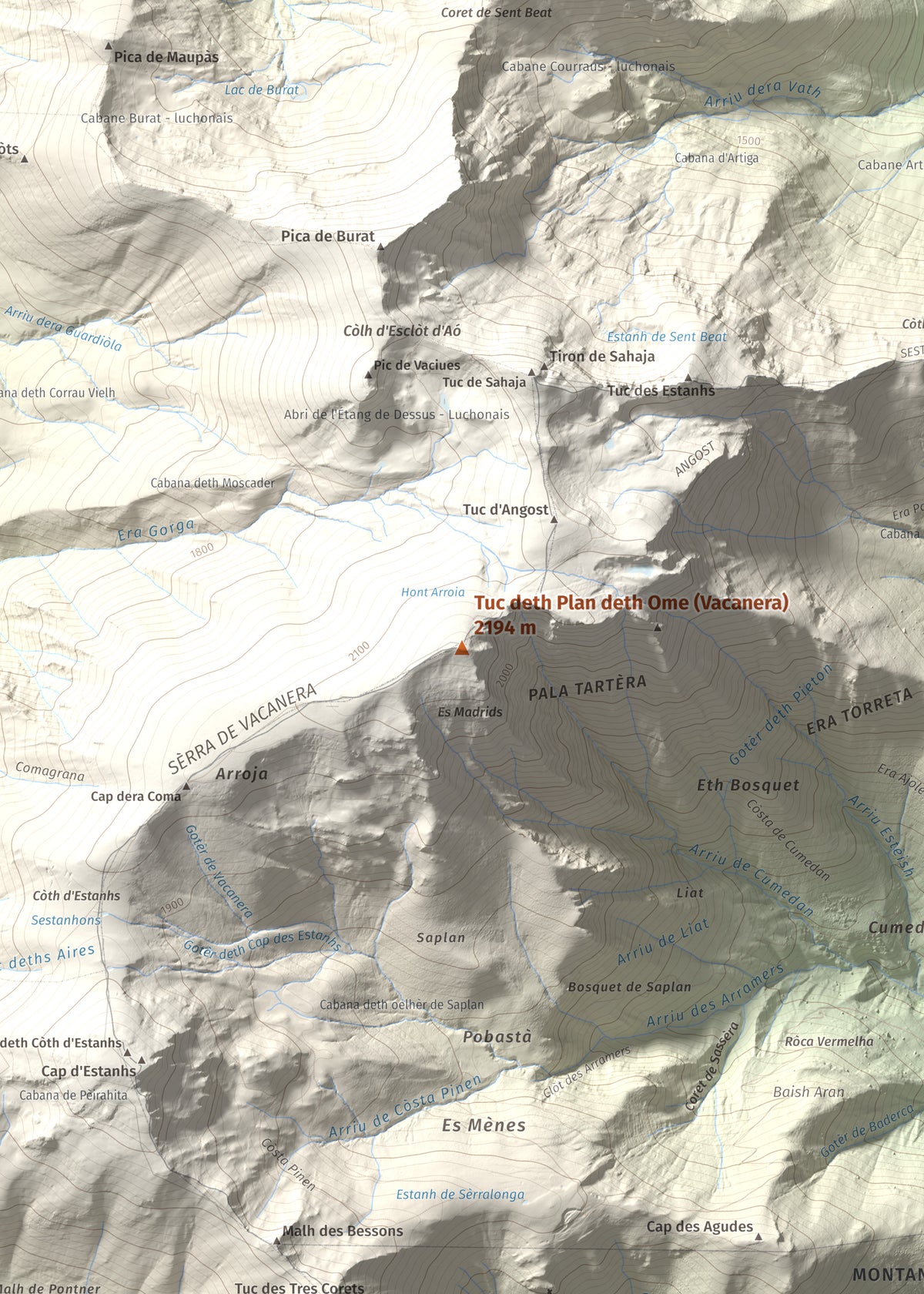Mapa de relieve de Tuc deth Plan deth Ome (Vacanera), 2194 m, Val d'Aran, lámina 100 Cims de Trobart. Detalle de la zona central. 50 × 70 cm.