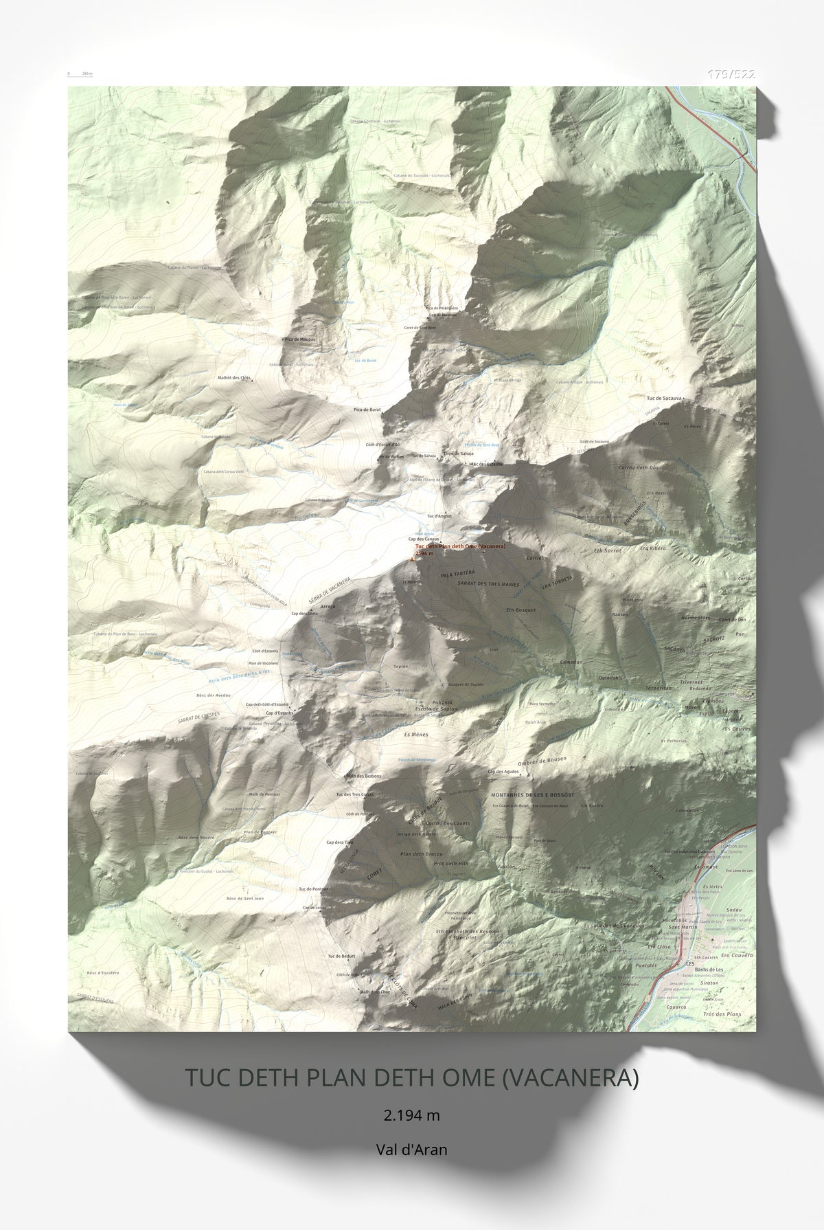 Mapa de relieve de Tuc deth Plan deth Ome (Vacanera), 2194 m, Val d'Aran, lámina 100 Cims de Trobart 61 × 91 cm.