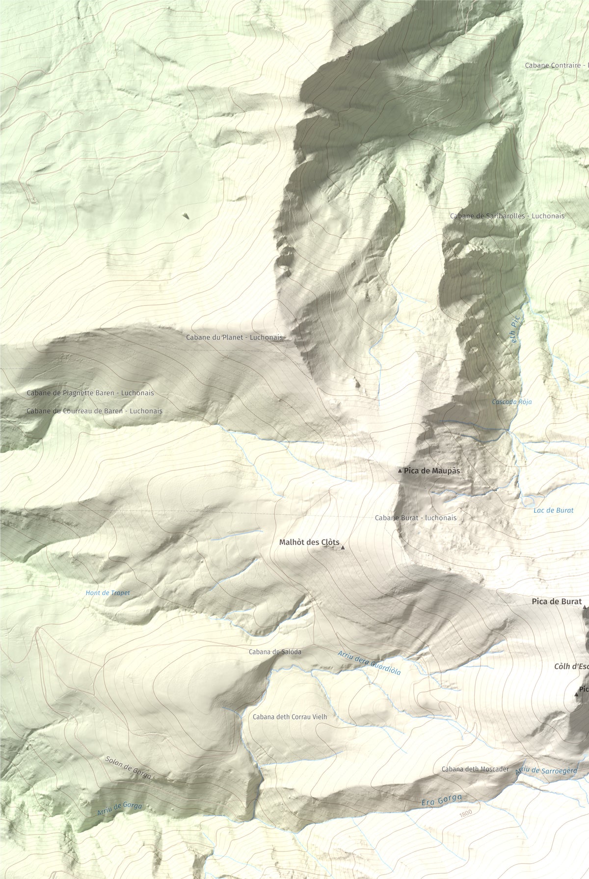 Mapa de relieve de Tuc deth Plan deth Ome (Vacanera), 2194 m, Val d'Aran, lámina 100 Cims de Trobart. Detalle de la zona superior izquierda. 61 × 91 cm.