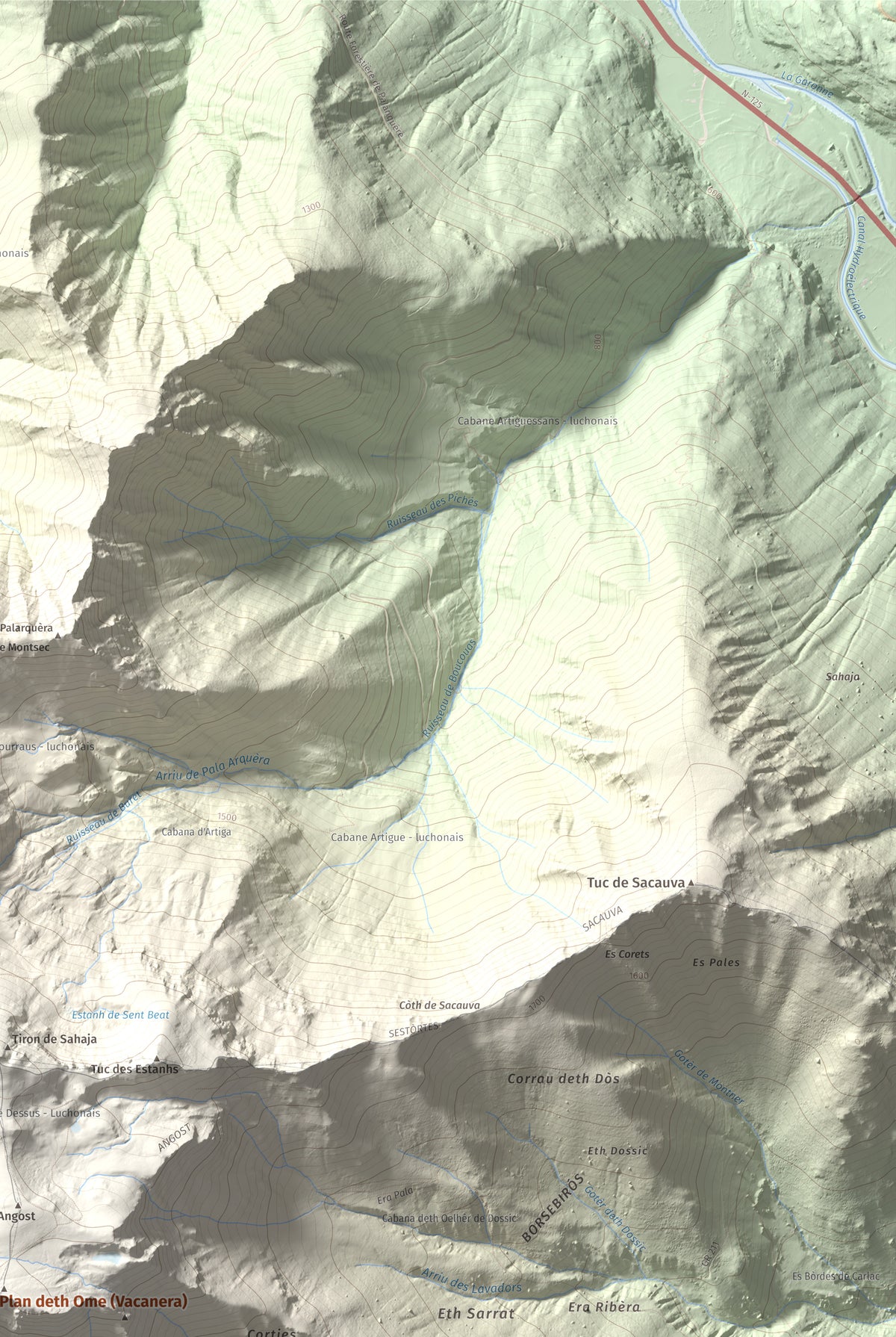 Mapa de relieve de Tuc deth Plan deth Ome (Vacanera), 2194 m, Val d'Aran, lámina 100 Cims de Trobart. Detalle de la zona superior derecha. 61 × 91 cm.