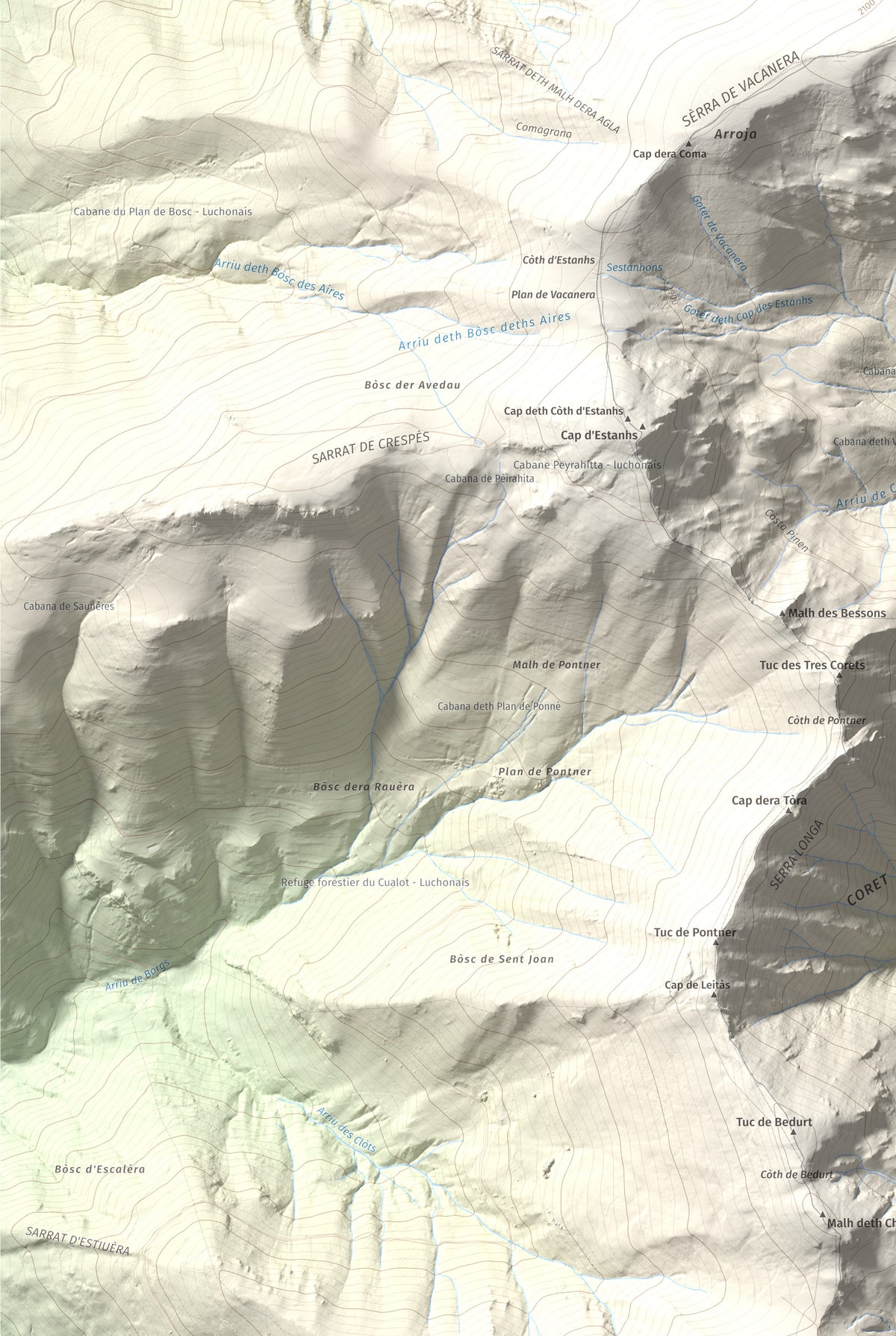 Mapa de relieve de Tuc deth Plan deth Ome (Vacanera), 2194 m, Val d'Aran, lámina 100 Cims de Trobart. Detalle de la zona inferior izquierda. 61 × 91 cm.