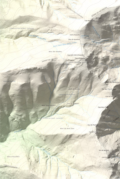 Mapa de relieve de Tuc deth Plan deth Ome (Vacanera), 2194 m, Val d'Aran, lámina 100 Cims de Trobart. Detalle de la zona inferior izquierda. 61 × 91 cm.