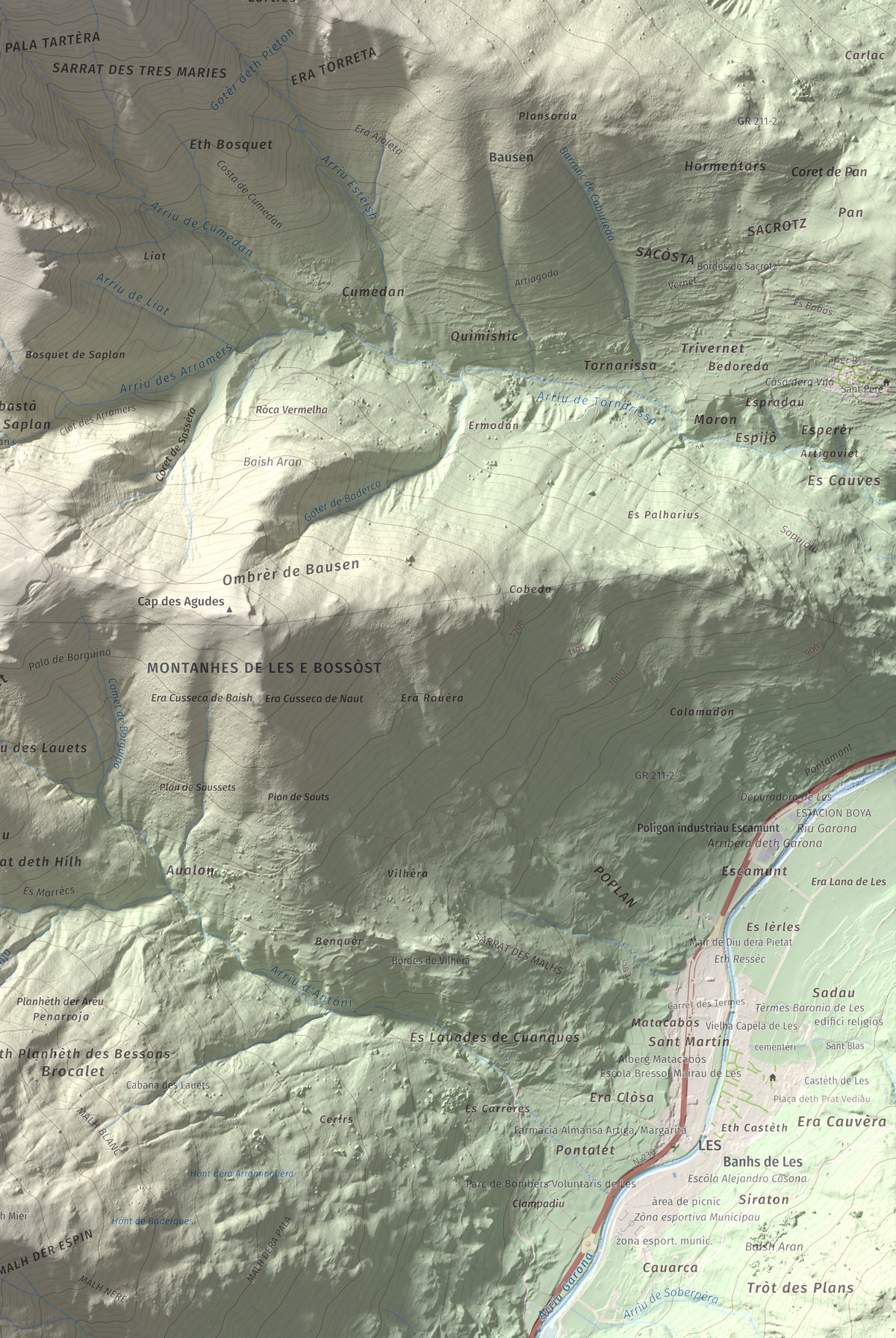 Mapa de relieve de Tuc deth Plan deth Ome (Vacanera), 2194 m, Val d'Aran, lámina 100 Cims de Trobart. Detalle de la zona inferior derecha. 61 × 91 cm.