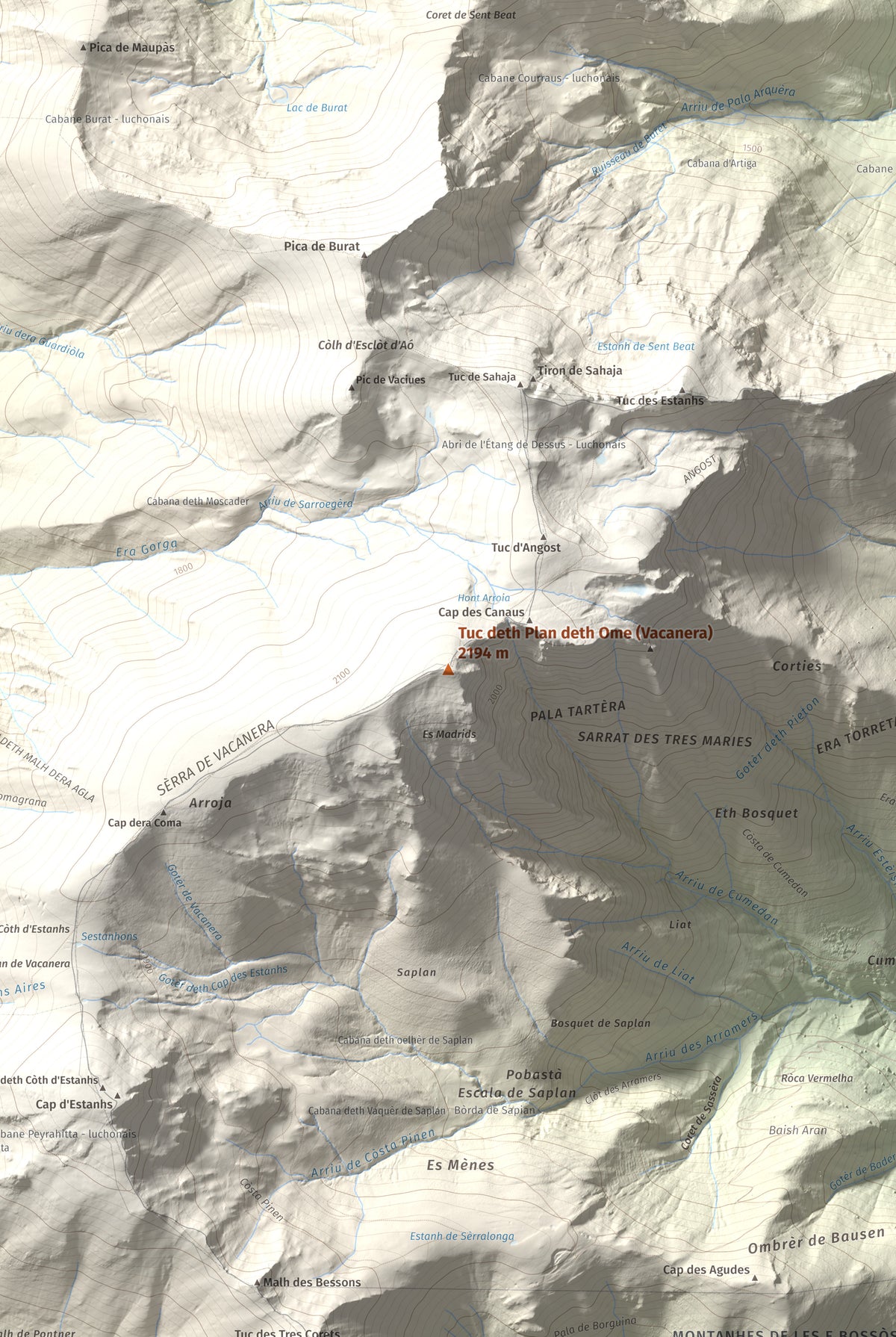 Mapa de relieve de Tuc deth Plan deth Ome (Vacanera), 2194 m, Val d'Aran, lámina 100 Cims de Trobart. Detalle de la zona central. 61 × 91 cm.